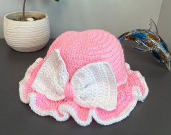 Handgemachter Häkelhut: Pinker Sonnenhut mit Schleife