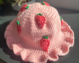 Handmade Crochet Strawberry Bucket Hat: Organic Cotton Blend