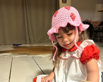 Bob rose fraise pour enfant | Bonnet fait main au crochet avec fruits mignons