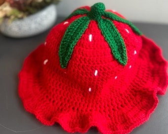 Chapeau Seau Fraise NOUVEAU MODÈLE | Chapeau fait main mignon de crochet de fruit