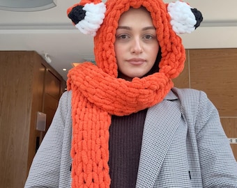 Crochet Orange Balaclava Hat | Handmade Animal  Hooded Scarf – Soft & Cozy Winter Accessory