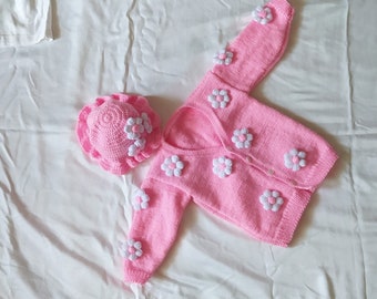 Kids Cardigan and Hat | Pink- Daisy Flowers Patterned Cardigan