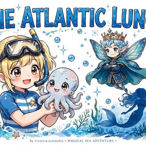 以下が含まれることがあります： 「THE ATLANTIC LUNCH」と題されたデジタルイラスト。青いストライプのシャツを着てシュノーケルマスクをつけた金髪のキャラクターが小さなタコを抱えている。王冠をかぶった羽のある妖精と人魚のシルエットが、泡や海藻と共に描かれている。
