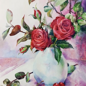 Pink rose Original art watercolor Artwork A3 size by VicyArtStudio
