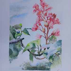 San-Sebastian painting Original art watercolor Spain European urban sketch Sity street Flowering chestnut artwork A3 size by VicyArtStudio