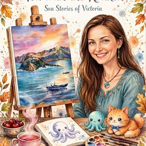 以下が含まれることがあります： V. Chernenko著「Tea with the Kraken Sea Stories of Victoria」のブックカバー。微笑む人物、イーゼルに置かれた海岸風景の水彩画、タコの絵が描かれたスケッチブック、タコのフィギュア、そして猫が描かれています。