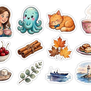 May include: A collection of eleven die-cut stickers featuring a person holding a tea cup, a blue octopus, an orange cat, a floral tea cup, a bowl of cherries, cinnamon sticks, maple leaves, a plate of pastries, sugar cubes, eucalyptus, a boat, and a lighthouse.