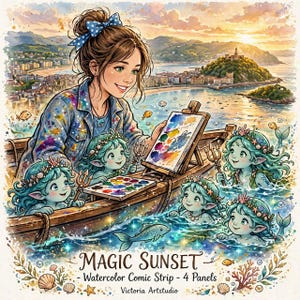 以下が含まれることがあります： ボートに乗ってイーゼルで絵を描く人物と、その周りの水中にいる5人の小さな緑色の人魚を描いた水彩画風のイラスト。テキストには「MAGIC SUNSET - Watercolor Comic Strip - 4 Panels, Victoria Artstudio」と書かれています。