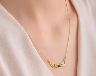 Colar Asa de Anjo Dourado com Pedra de Nascimento, Colar Anjo da Guarda com Pedras de Nascimento, Colar Memorial Personalizado com Pedra de Nascimento, Colar de Condolências