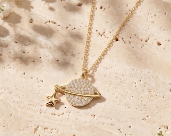 Dainty Silver Saturn Necklace, Tiny Gold Planet Necklace, Celestial Jewelry For Women, Saturn Pendant Necklace, Birthday Gifts, Mother Gifts