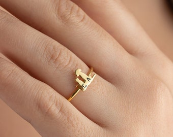 Anel personalizado para animais de estimação, anel banhado a ouro 14k, inicial delicada bordada em prata, anel personalizado com pingente de animal, anel fino personalizado para cães e gatos