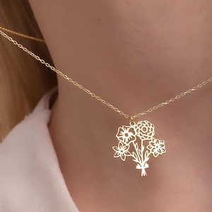 Silver Birth Month Flower Necklace Personalized Birth Flower Bouquet Necklace Combined Birthflower Bouquet Necklace Multiple Flower Necklace
