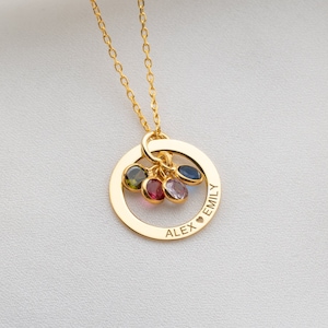 Personalized Gold Birthstone Necklace Women Name Necklace with Birthstone Circle Necklace Message Engraved on Circle Silver Engraved Jewelry