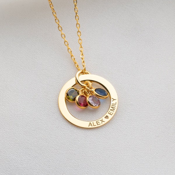 Personalisierte Gold Birthstone Halskette Frauen Name Halskette mit Birthstone Kreis Halskette Nachricht auf Kreis Silber graviert Schmuck eingraviert
