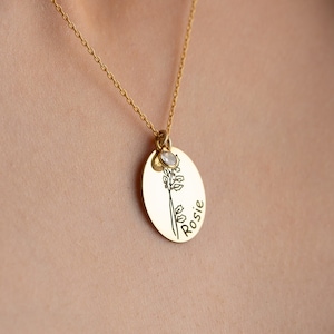 Personalized Birth Flower Disc Necklace Name Gold Custom Silver Name Necklace Dainty Gifts for Her January Birth Flower Necklace