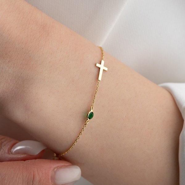 Tiny Gold Cross Bracelet Women Silver Cross Birthstone Bracelet Dainty Cross Bracelet with Birthstone Cross Charm Bracelet Christmas Gifts