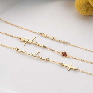 Tiny Gold Name Bracelet Women Silver Cross Bracelet with Handwritten Name Birthstone Bracelet Dainty Cross Charm Bracelet Mother's Day gift zdjęcie 2