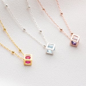 Dainty Gold Birthstone Necklace in Cube by NeshelyJewelry, Custom Birthday Gift for Her, November Birthstone Jewelry