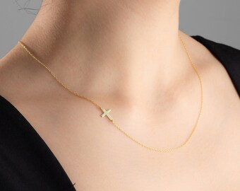 14k Gold Cross Necklace for Women Silver Sideways Cross Necklace Dainty Cross Pendant Necklaces For Christmas Gift Small Cross Necklace Tiny