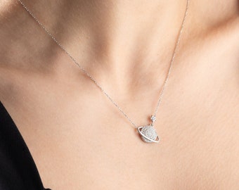 Dainty Silver Saturn Necklace, Tiny Gold Planet Necklace, Celestial Jewelry, Saturn Pendant Necklace, Birthday Gifts, Christmas Gifts