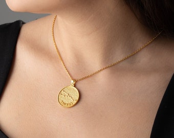 Zodiac Necklaces for Women, Elegant Jewelry for Gift, Dainty Gold Horoscope Embossed Disc Silver Pendant, Silver Two Sided Locket Necklace
