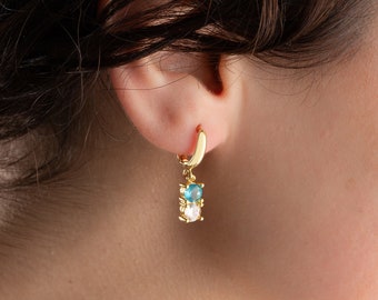 Custom Birthstone Earrings, Minimalist Dangle Multi-Stone Silver Earrings For Birthday, Family Birthstone Jewelry, Gold Sapphire Earrings