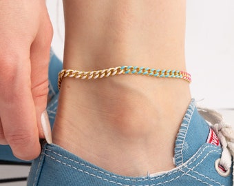 Dainty Curb Chain Anklet With Enamel, Gold Ankle Bracelet, Sterling Silver Enamel Cuban Chain Anklet