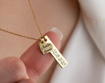 Custom Gold Bar And Heart Necklace Name Bar Necklace Silver Name Necklace with Heart Charm Family Name Necklace Date Engraved Necklace