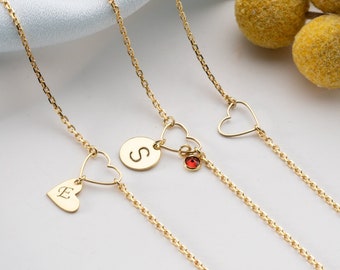 Bracciale personalizzato con cuore in oro Bracciale con iniziale in argento da donna con pietra portafortuna. Bracciale con disco delicato e braccialetto con ciondolo a forma di cuore