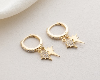 Dainty Starburst Earrings, Celestial Star Hoop Earrings, Gold Huggie Earrings, Star Dangle Earrings, Silver Unique Mom Earrings