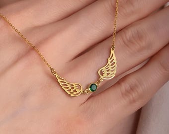 Colar Anjo da Guarda com Pedras de Nascimento, Colar Asa de Anjo Dourado com Pedra de Nascimento, Colar Memorial Personalizado com Pedra de Nascimento, Colar de Condolências