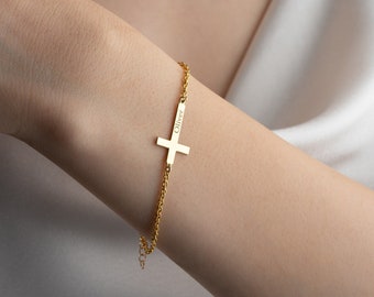 Custom Gold Cross Bracelet Women Silver Cross Name Bracelet Dainty Rose Gold Birthstone Bracelet with Cross Charm Bracelet Christmas Gifts