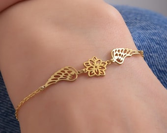 Sterling Silver Angel Wings Birth Flower Bracelet, Personalized Guardian Jewelry