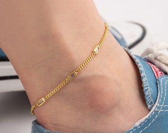 Tiny Chain Anklet With Baguette Quartz Stone, Gold Ankle Bracelet, Sterling Silver Gemstone Cuban Chain Anklet, Gifts For Her