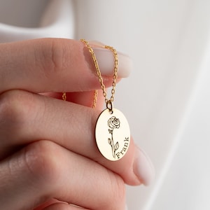 Custom Birth Flower Disc Necklace Name Gold Personalized Silver Name Necklace Dainty Gifts for Her January Birth Flower Necklace