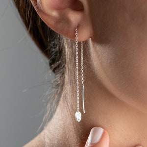 Ellipse Gemstone Sterling Silver Chain Earrings, Dainty Threader Earrings With Crystal, Minimalist 14k Gold Filled Dangle Earrings For Women