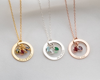 Gepersonaliseerde gouden geboortesteen ketting dames naam ketting met geboortesteen cirkel ketting bericht gegraveerd op cirkel zilveren gegraveerde sieraden