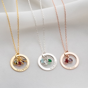 Personalized Gold Birthstone Necklace Women Name Necklace with Birthstone Circle Necklace Message Engraved on Circle Silver Engraved Jewelry zdjęcie 2