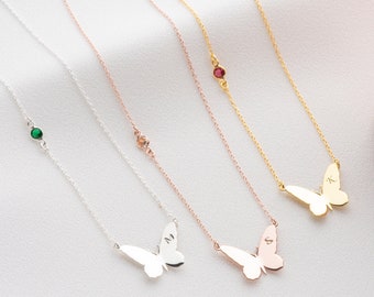 Personalized Butterfly Initial Necklace with Birthstone Dainty Silver Butterfly Necklace Women December Birthstone Necklace Emerald Necklace
