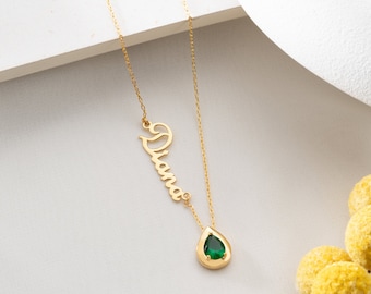 Personalized Gold Birthstone Name Necklace, Custom Name Mom Necklace with Emerald Birthstone Silver May Birthstone Gifts Mother's Day Gifts