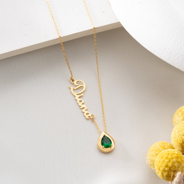 Personalized Gold Birthstone Name Necklace, Custom Name Mom Necklace with Emerald Birthstone Silver May Birthstone Gifts Mother's Day Gifts