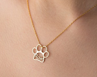 Personalized 14k Gold Paw Print Name Necklace Silver Pet Memorial Necklace Dog Memorial Necklace with Paw Symbol Custom Dog Mom Necklace