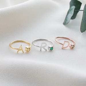 Anel inicial personalizado com pedra de nascimento, anel de amor elegante de prata esterlina 925, joia delicada de pedra de nascimento de novembro banhada a ouro 14k