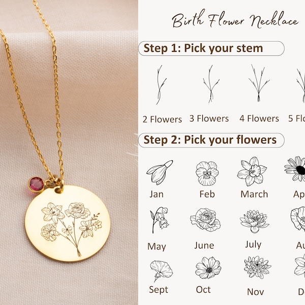 Dainty Combined Birth Month Flower Bouquet Necklace Custom Birthflower Necklace Engraved Necklace Mother's Day Gift May Birthflower Necklace