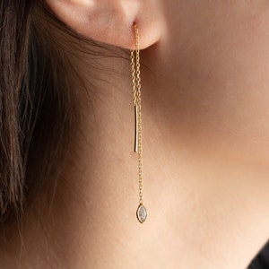 Ellipse Edelstein Sterling Silber Ketten Ohrringe, Zierliche Einfädler Ohrringe mit Kristall, Minimalistische 14k Gold Filled Ohrringe für Frauen