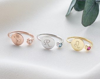 Personalized Disc Ring With Birthstone, Dainty Silver Birth Flower Ring, November Birthstone Jewelry, Initial Engraved Ring