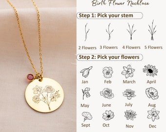 Zierliche kombinierte Geburtsmonats-Blumenstrauß-Halskette, individuelle Geburtsblumen-Halskette, gravierte Halskette, Muttertagsgeschenk, Mai-Geburtsblumen-Halskette