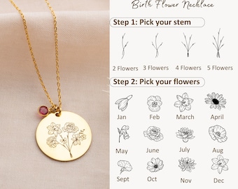 Dainty Combined Birth Month Flower Bouquet Necklace Custom Birthflower Necklace Engraved Necklace Mother's Day Gift May Birthflower Necklace