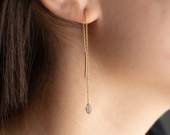 Ellipse Gemstone Sterling Silver Chain Earrings, Dainty Threader Earrings With Crystal, Minimalist 14k Gold Filled Dangle Earrings For Women