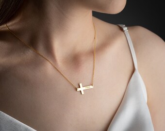 14k Gold Cross Necklace for Women Silver Cross Name Necklace Dainty Rose Gold Crucifix Necklace with Cross Pendant Necklace Christmas Gifts